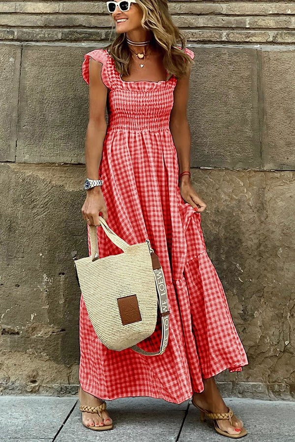 Ivara | Elegantes Karomuster Sommerkleid für Damen mit eckigem Ausschnitt