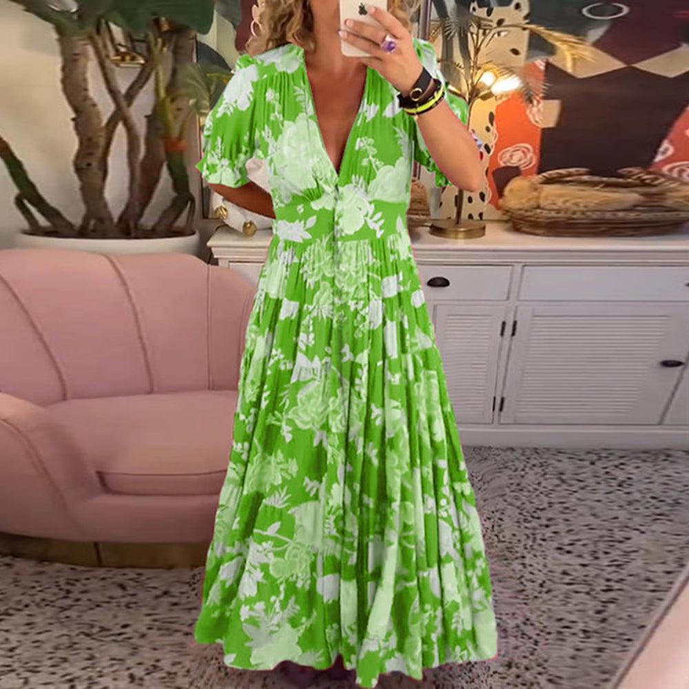 Floriana | Lebhaftes Blumenkleid für Damen mit V-Ausschnitt und kurzen Ärmeln