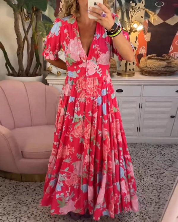 Floriana | Lebhaftes Blumenkleid für Damen mit V-Ausschnitt und kurzen Ärmeln