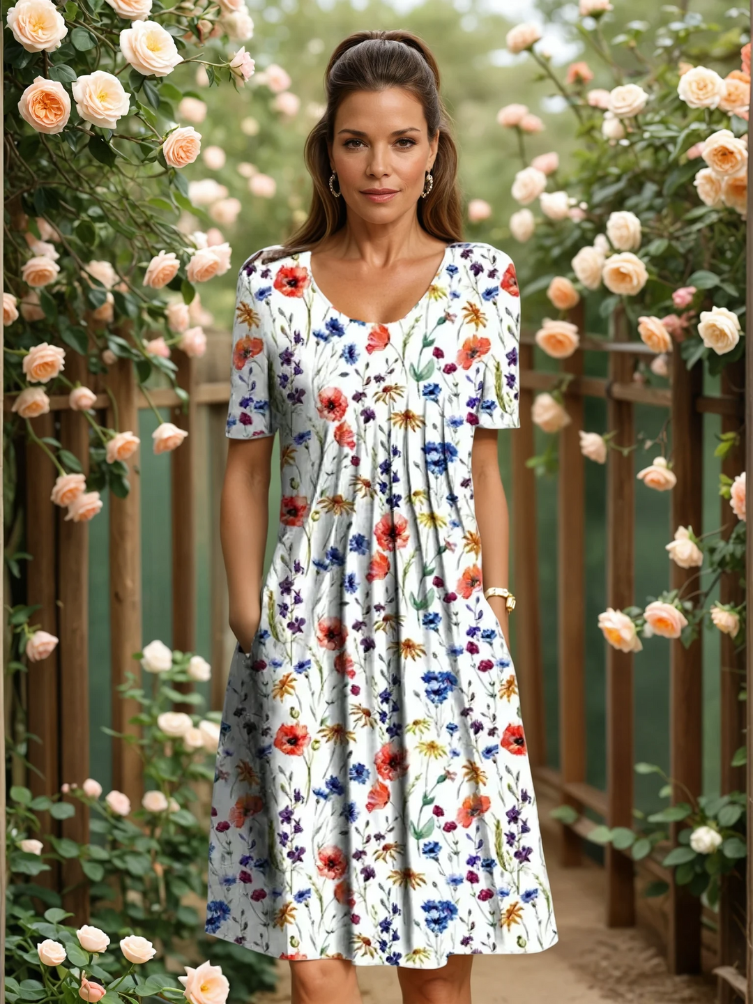 Fiona | Elegantes Alltagskleid für Damen mit Blumenmuster und Rundhalsausschnitt