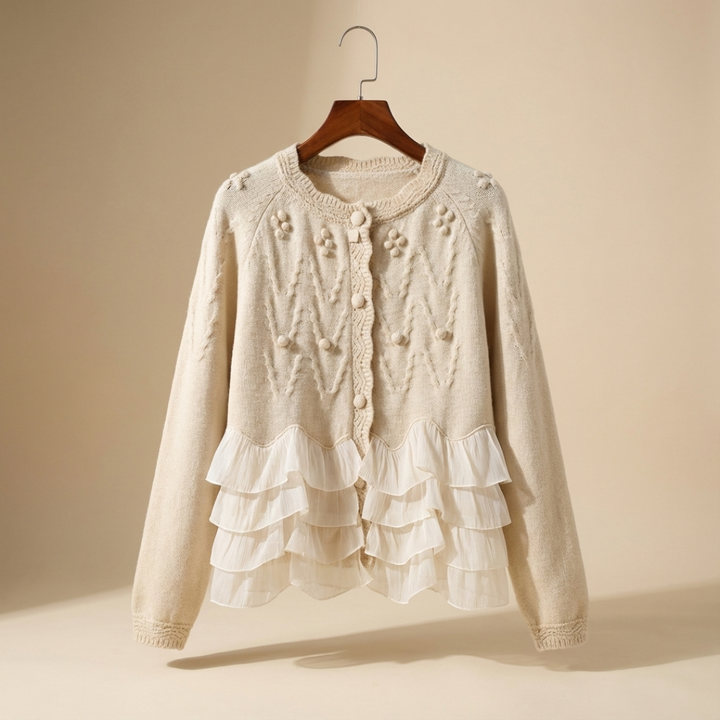 Rüschennatürliches Cardigan für Damen mit Rundhalsausschnitt und langen Ärmeln