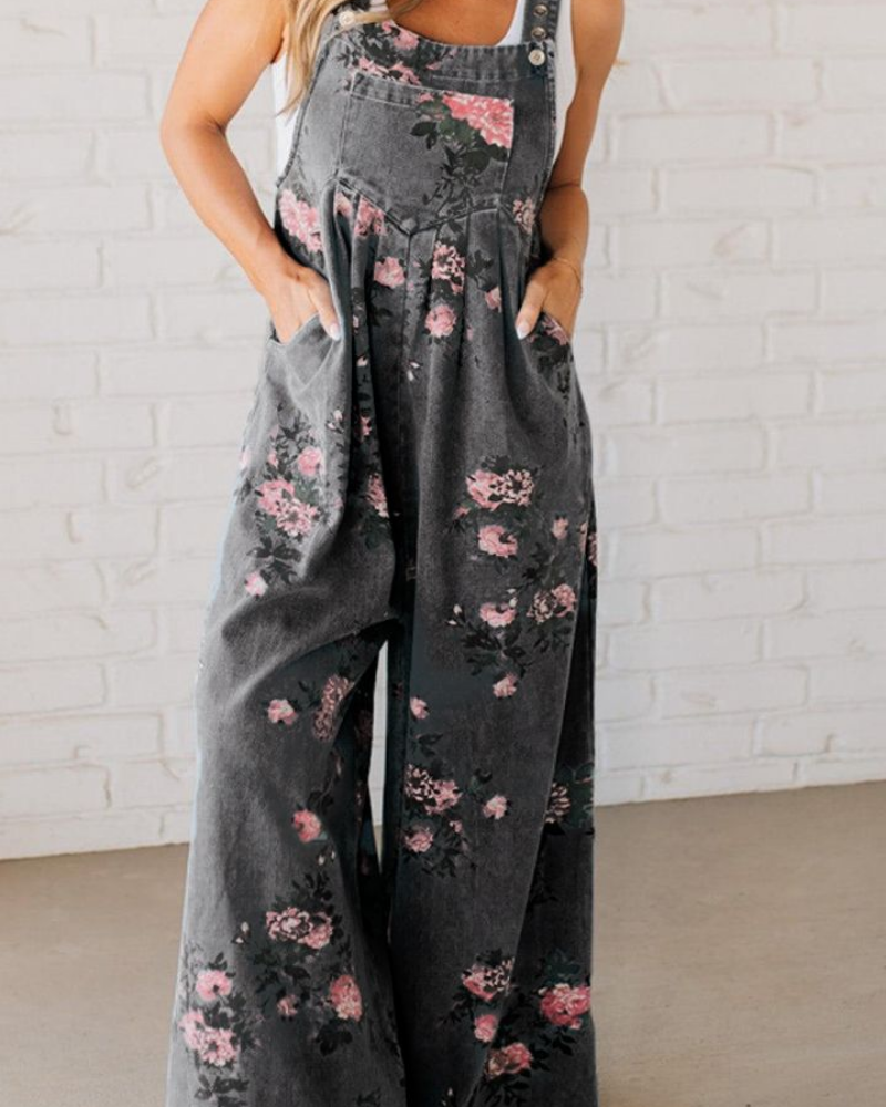 Mirona | Lässiger Denim-Overall für Damen mit Blumenmuster und Rundhalsausschnitt