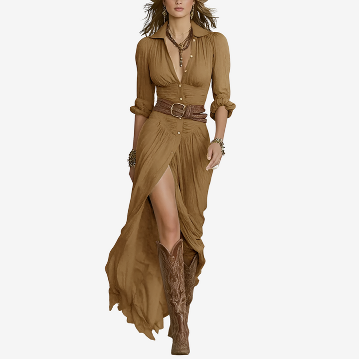 Eve Maxi-Fließkleid für Damen mit Gürtel, V-Ausschnitt und 3/4-Ärmeln