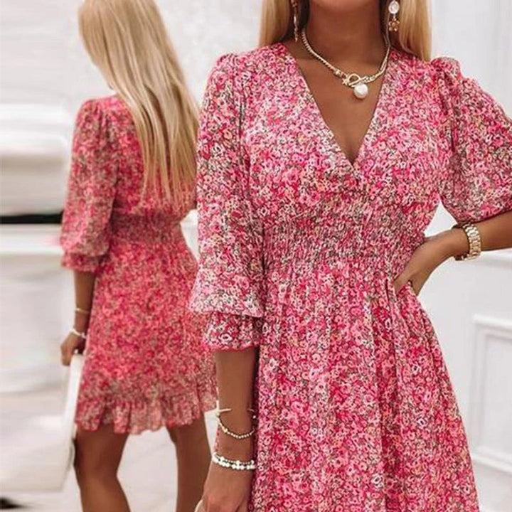 Addison | Elegantes Blumenkleid mit V-Ausschnitt und langen Ärmeln