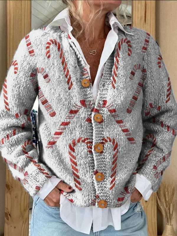 Festliches Zuckerstangen-Dekorationsmuster | Knopf-Cardigan-Pullover für Damen