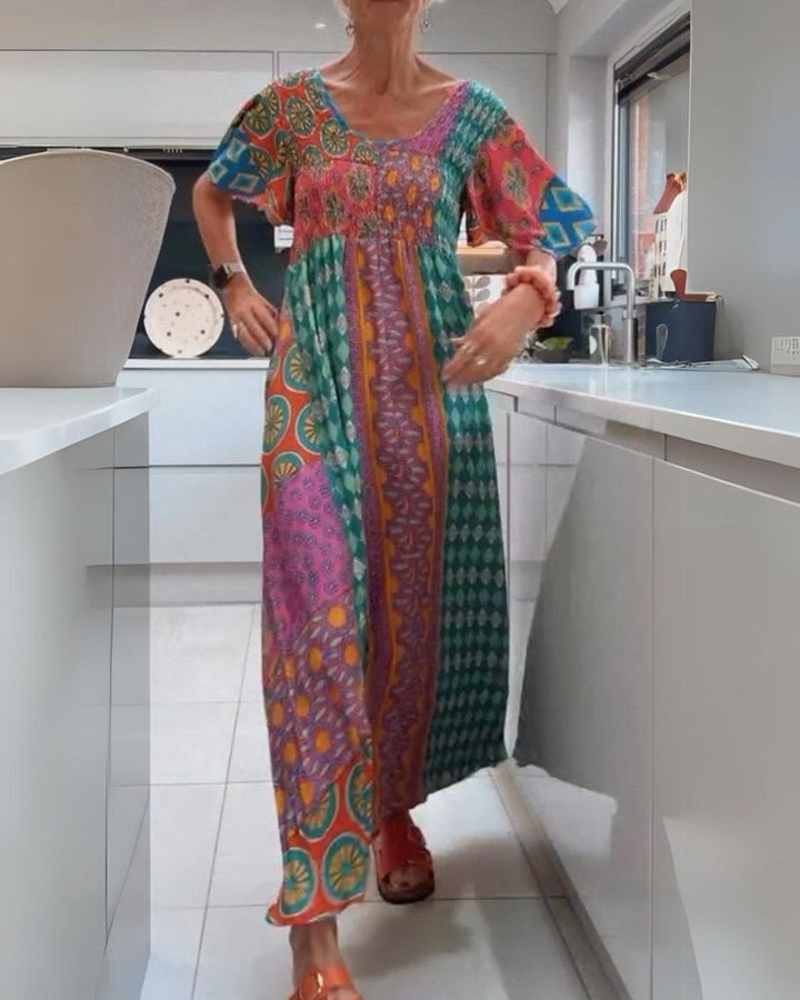 Melania | Buntes Bohemian Midikleid für Damen mit Rundhalsausschnitt