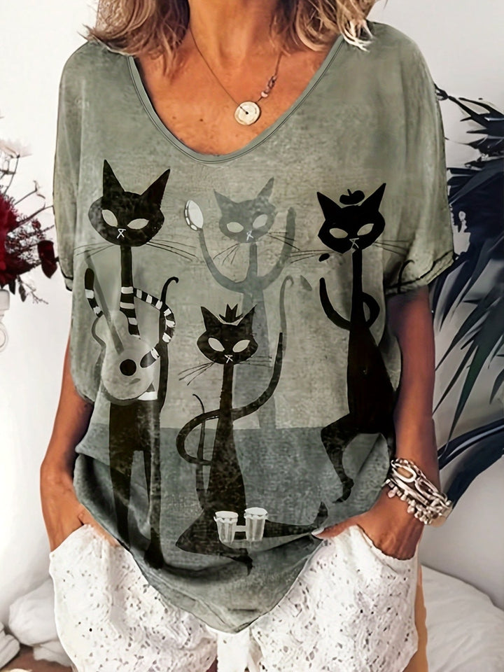 Sue | Lässiges T-Shirt für Damen mit Katzenmotiv und V-Ausschnitt