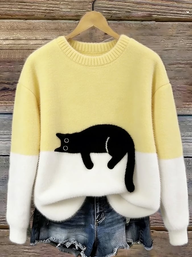 Damen Oversized Pullover mit Katzenmotiv und Farbblockdesign