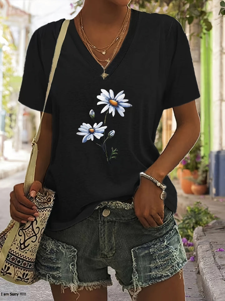 Celine | Floral V-Ausschnitt T-Shirt für Damen mit kurzen Ärmeln