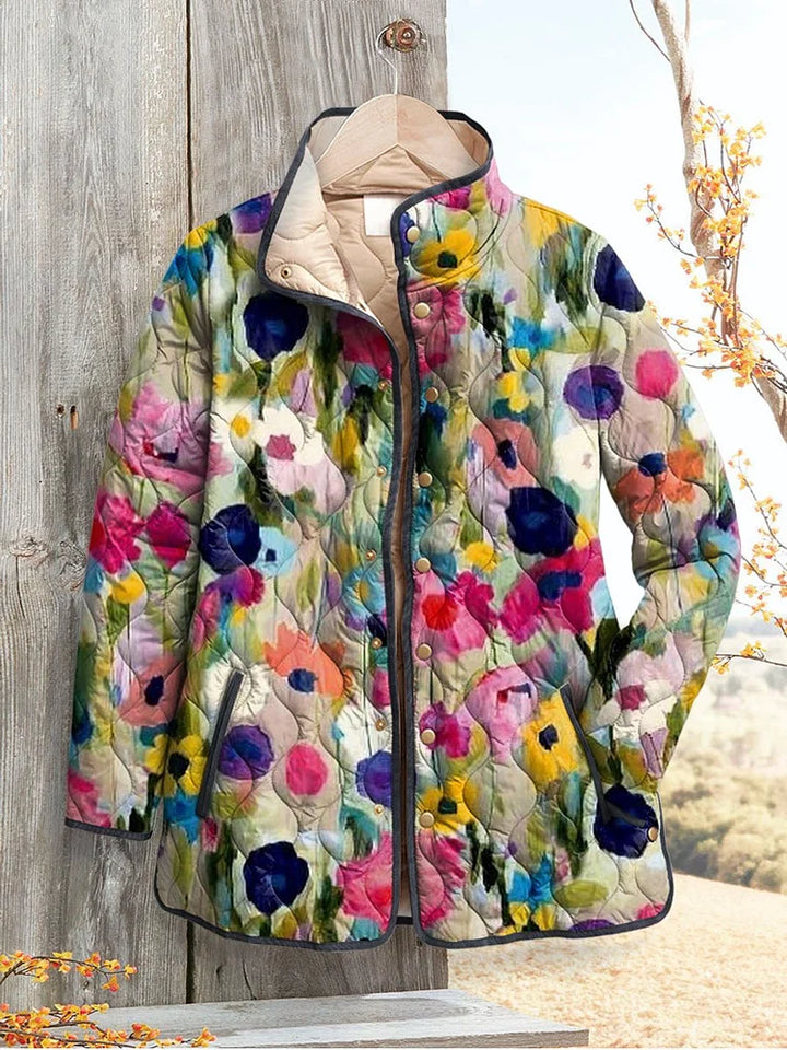 Damen Vintage Charmante Blumenjacke Casual Steppjacke mit Rundhalsausschnitt