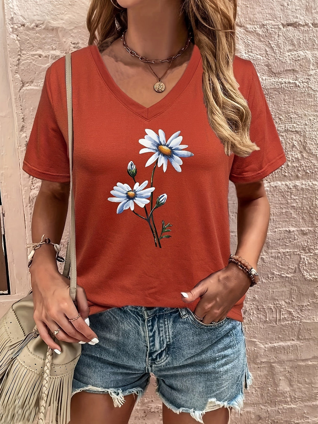 Celine | Floral V-Ausschnitt T-Shirt für Damen mit kurzen Ärmeln