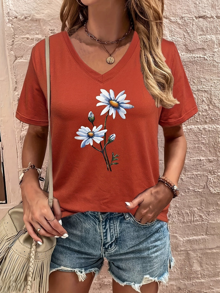 Celine | Floral V-Ausschnitt T-Shirt für Damen mit kurzen Ärmeln