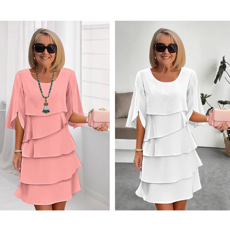 Chic Schichtkleid für Damen mit Puffärmeln und Rundhalsausschnitt