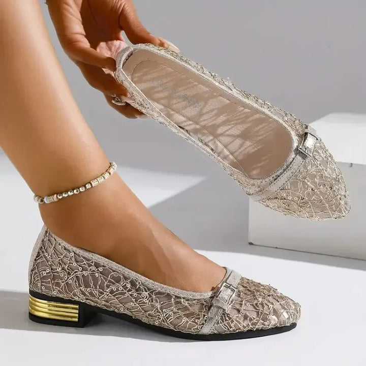 Damen Freizeit Slipper und Mesh mit niedrigem Absatz und Blumenmuster