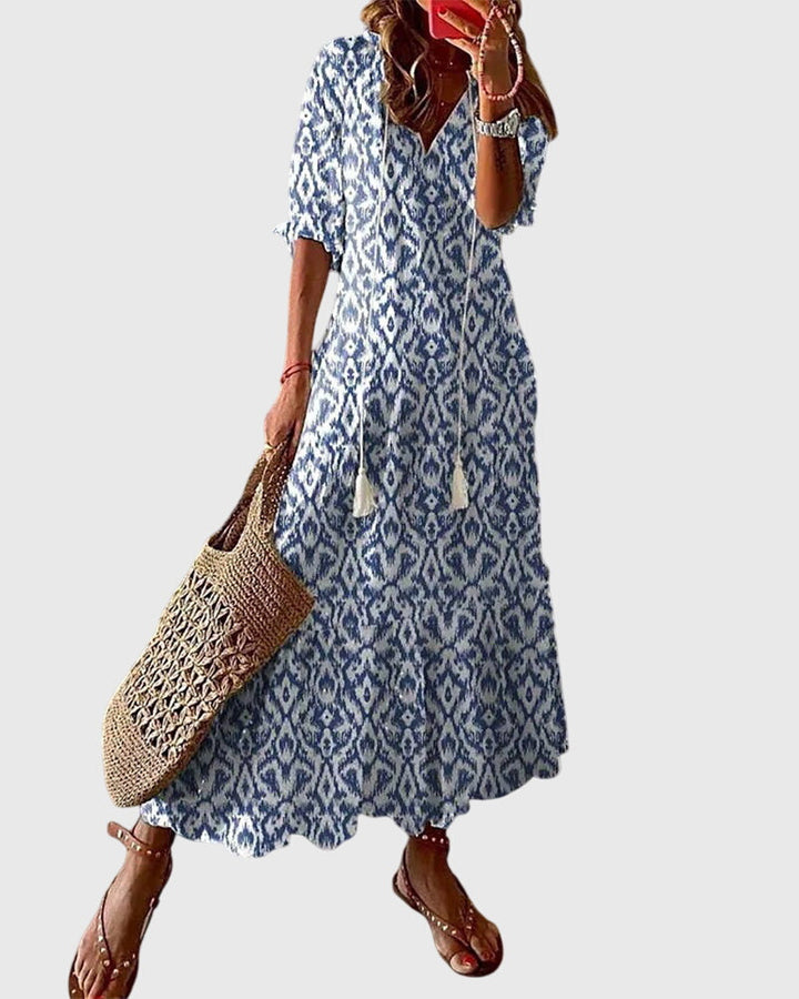 Amalia | Retro Bohemian Sommerkleid für Damen mit Blumenmuster und V-Ausschnitt