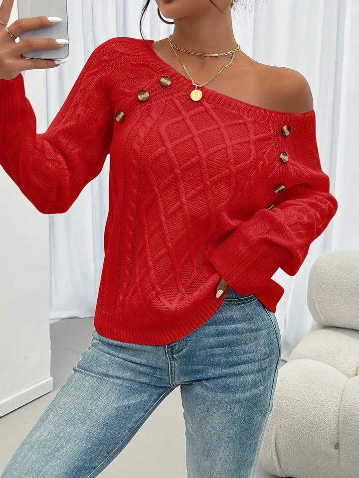 Lina | Langärmeliger Pullover für Damen mit Zopfmuster, Lässiger Pullover mit Rundhalsausschnitt
