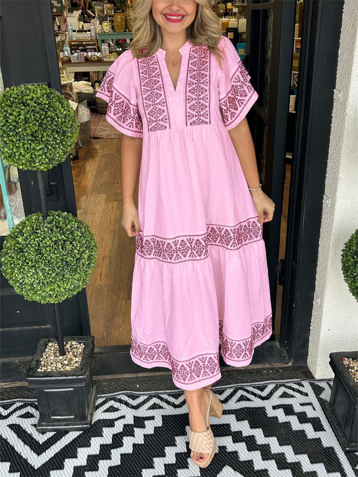 Hanna | Elegantes Boho-Midikleid für Damen mit V-Ausschnitt und kurzen Ärmeln
