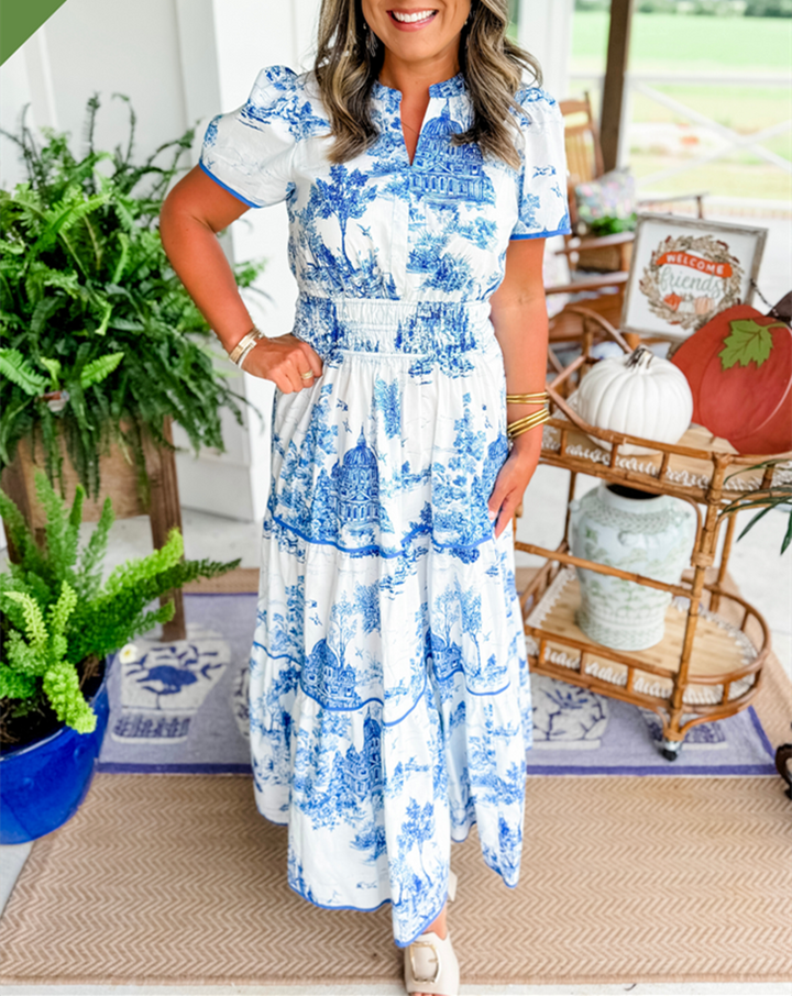 Eliza | Klassisches Toile Maxi Kleid für Damen mit V-Ausschnitt und kurzen Ärmeln