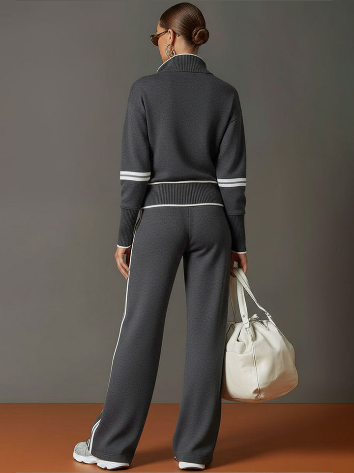 Vintage-inspirierter grauer und weißer Halbzip-Sweatshirt für Damen mit weitem Hosen-Set