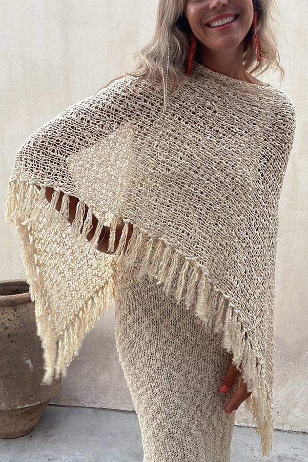 Sonnenuntergangsbrise Quasten Strick Cover-Up für Damen mit Ausschnittdetails