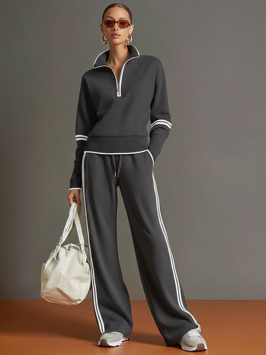 Vintage-inspirierter grauer und weißer Halbzip-Sweatshirt für Damen mit weitem Hosen-Set