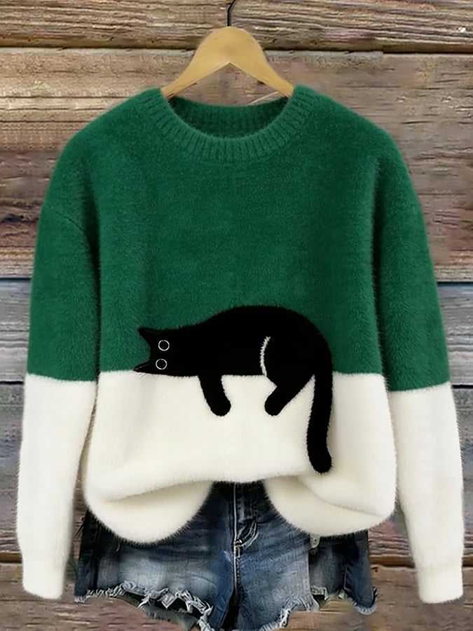 Damen Oversized Pullover mit Katzenmotiv und Farbblockdesign