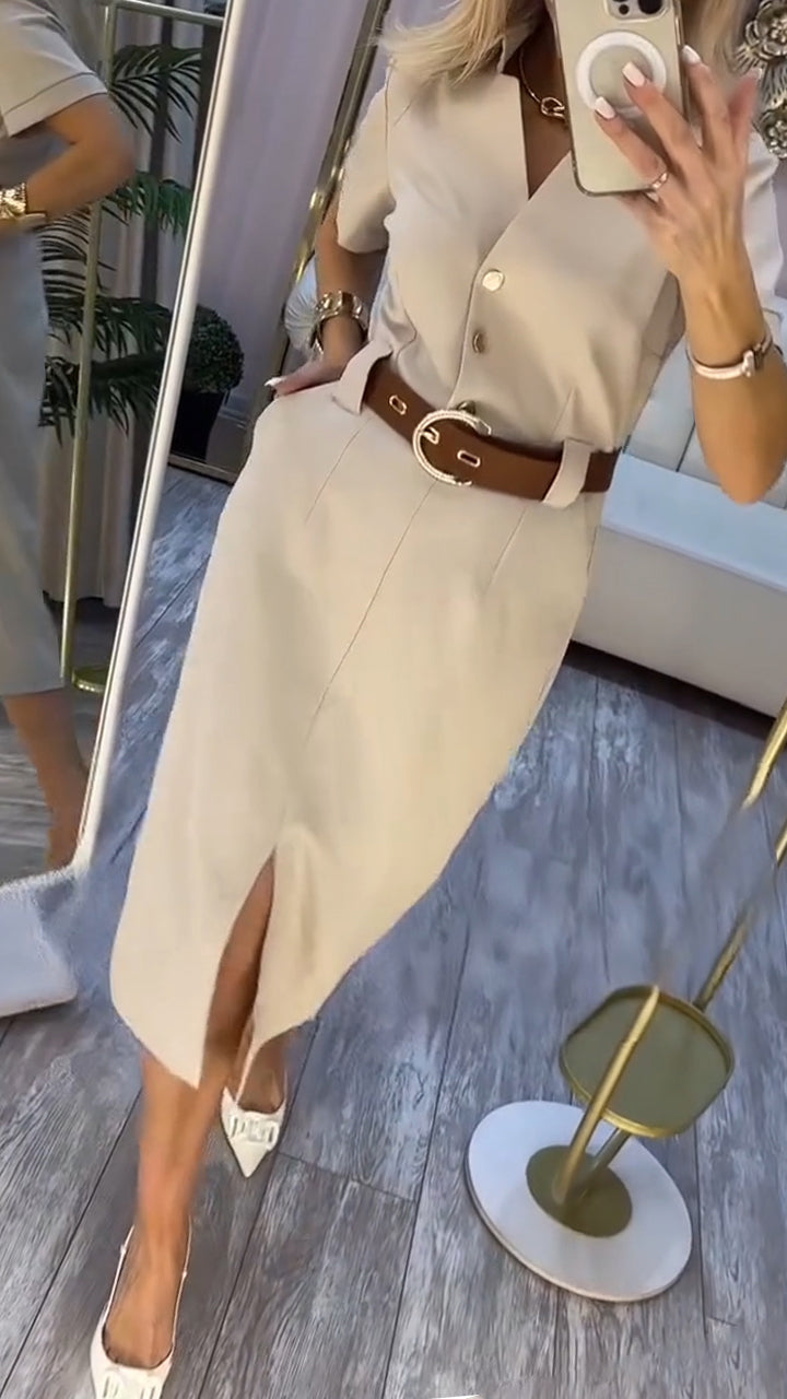 Damen Midikleid mit kurzen Ärmeln, Seitenschlitz und Knöpfen