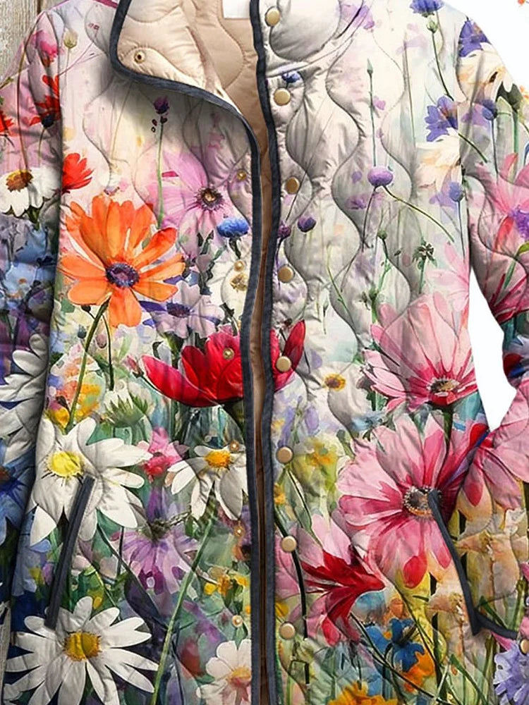 Damen Vintage Charmante Blumen Druck Casual Steppjacke mit Rundhalsausschnitt