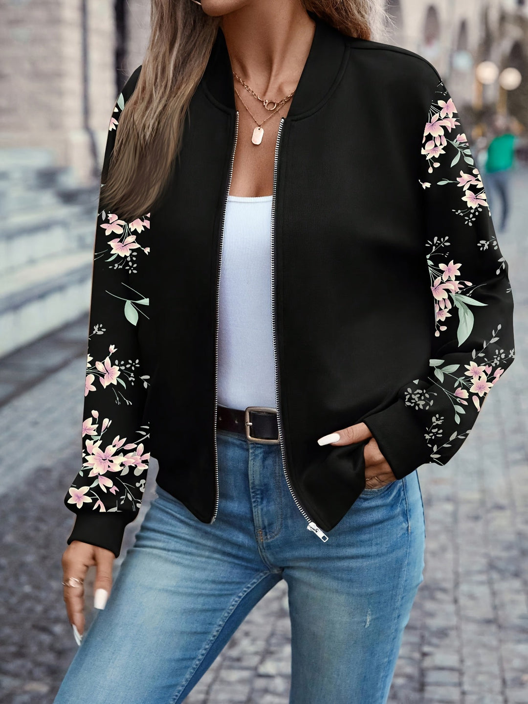 Thea | Trendy Floral Print Jacke für Damen mit Rundhalsausschnitt
