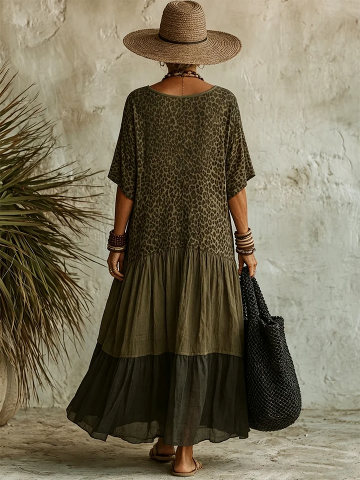 Damen Leopardenmuster V-Ausschnitt Maxikleid