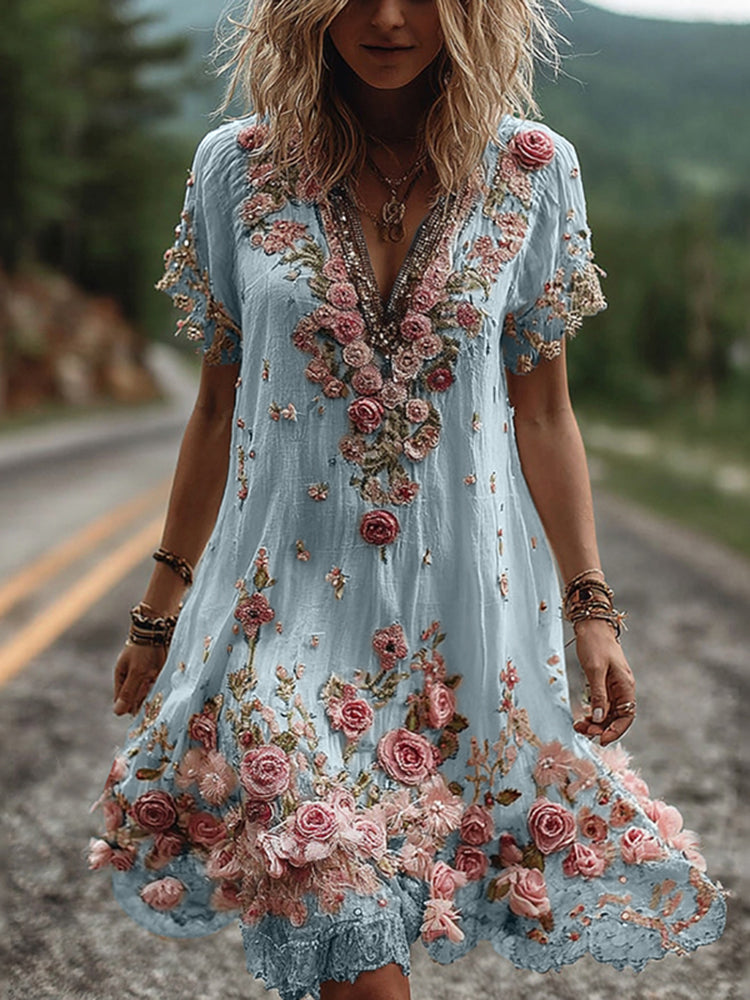Ruby | Blossom bestickte V-Ausschnitt Midikleid für Damen