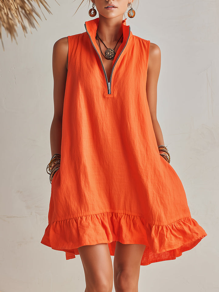 Helles Orange Halb-Reißverschluss Mini-Kleid für Damen mit Rüschensaum und Stehkragen