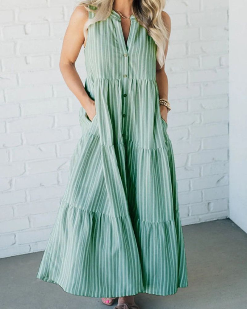 Carlin | Ärmelloses gestreiftes Maxikleid für Damen mit V-Ausschnitt und Streifen