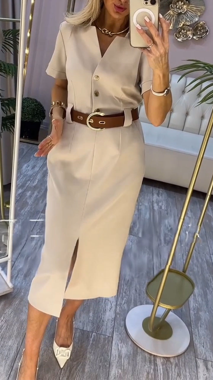 Damen Midikleid mit kurzen Ärmeln, Seitenschlitz und Knöpfen