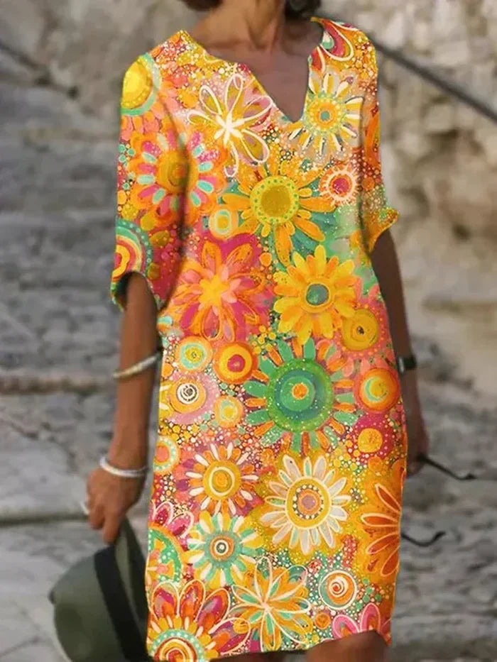 Beth | Buntes Blumenkleid mit V-Ausschnitt und langen Ärmeln