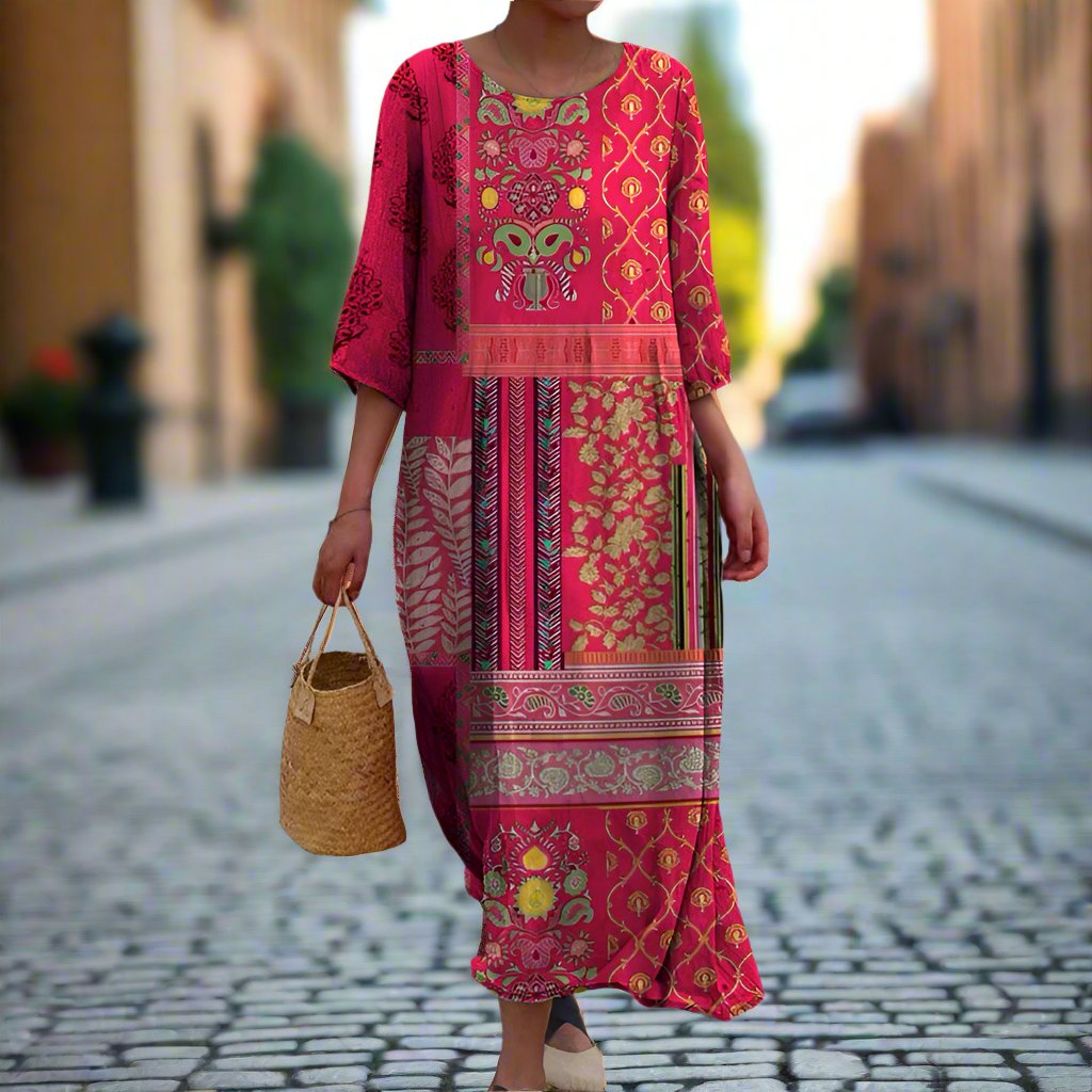 Adeline | Fließendes Ethno-Kleid mit Rundhalsausschnitt und langen Ärmeln