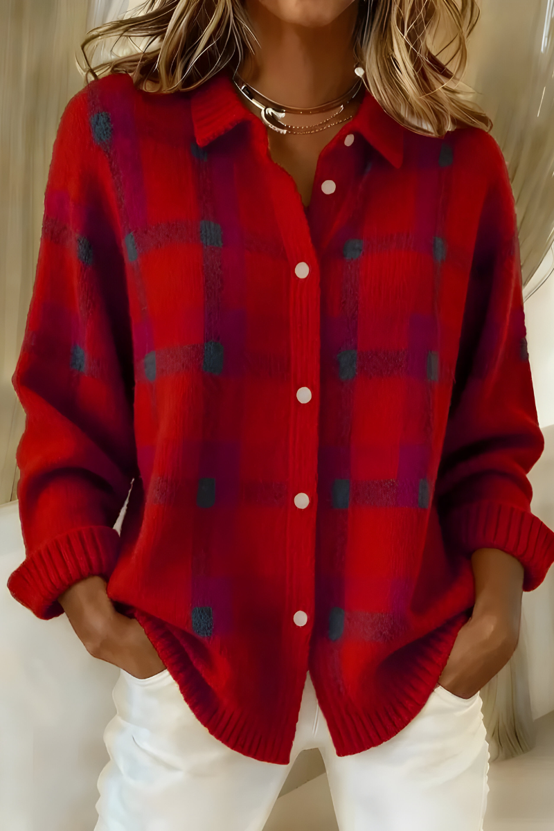 Tesa | Gemütlicher Karopullover Cardigan für Damen mit Rundhalsausschnitt