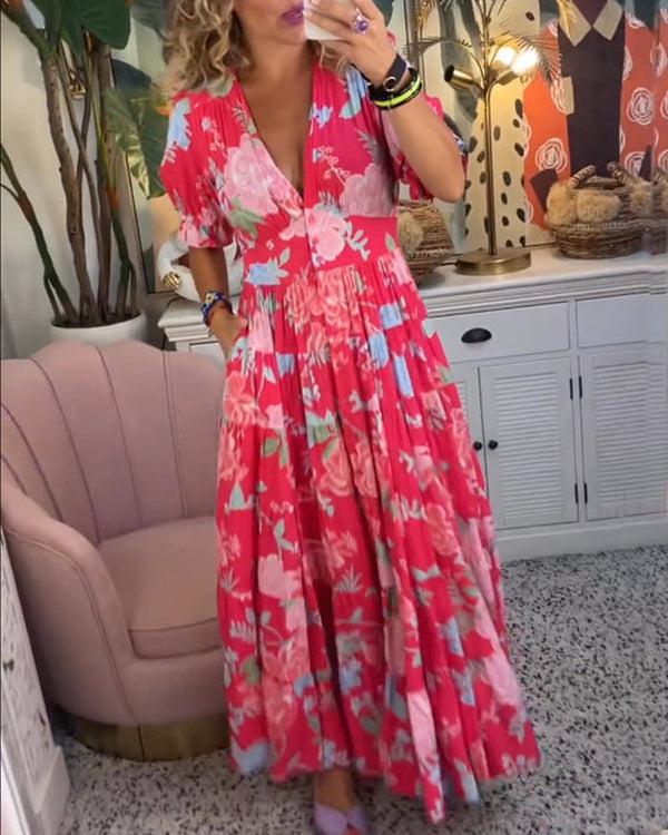 Floriana | Lebhaftes Blumenkleid für Damen mit V-Ausschnitt und kurzen Ärmeln