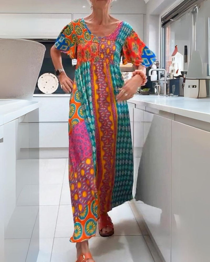 Melania | Buntes Bohemian Midikleid für Damen mit Rundhalsausschnitt
