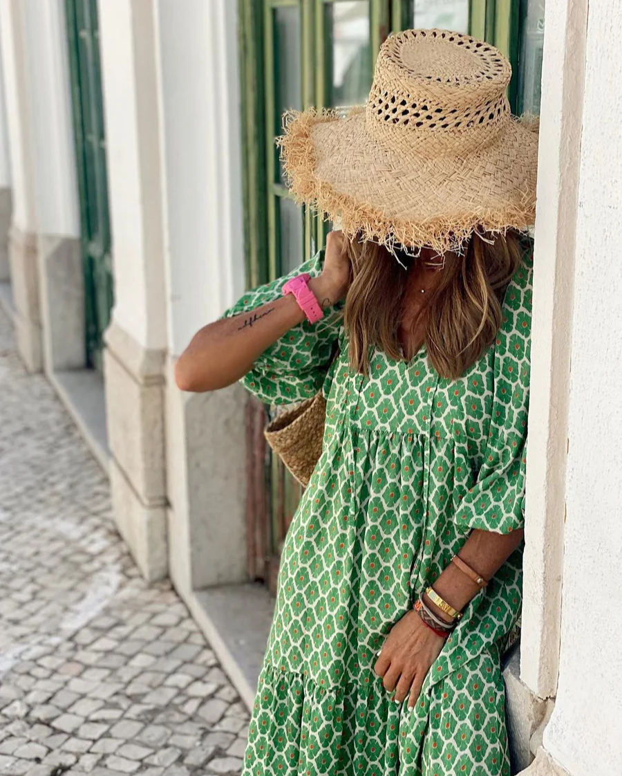 Elin | Boho Maxi Kleid für Damen mit V-Ausschnitt und kurzen Ärmeln