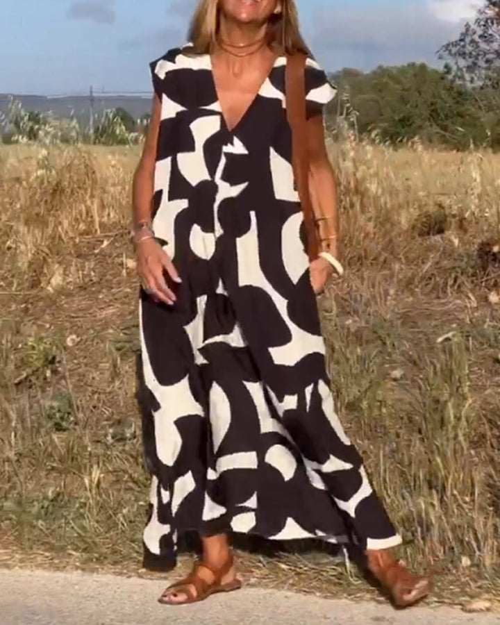 Kendall | Lässiges Abstract Midikleid für Damen mit V-Ausschnitt und kurzen Ärmeln
