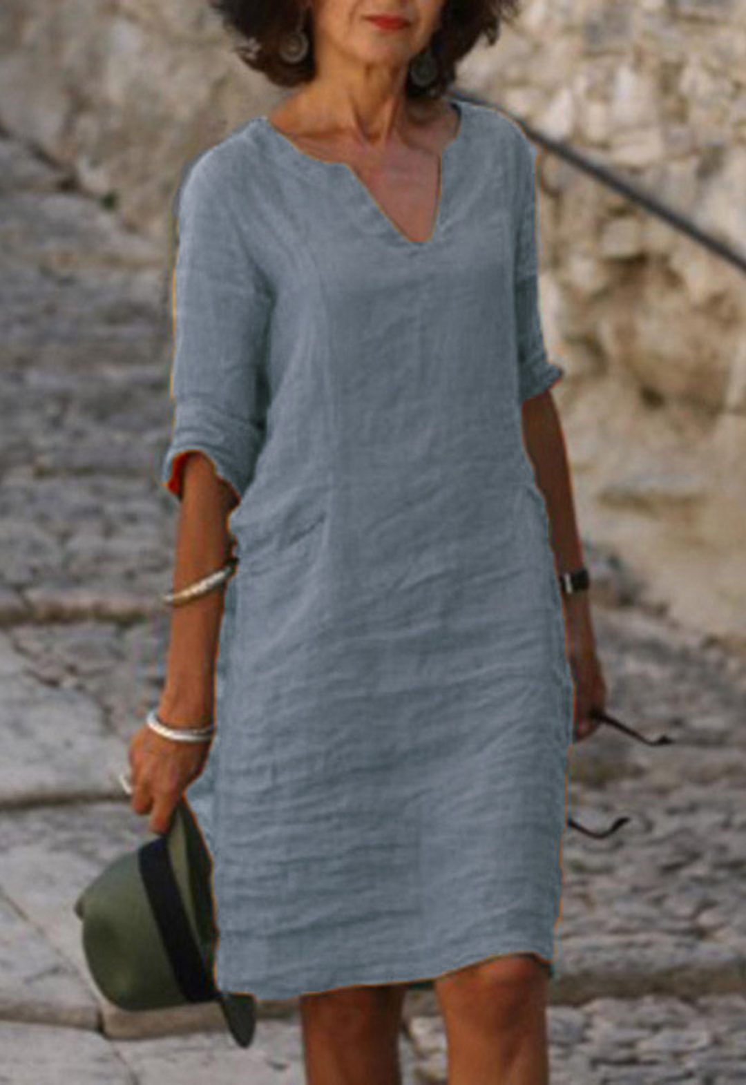Elvy | Elegantes V-Ausschnitt Midikleid für Damen mit 3/4-Ärmeln und langen Ärmeln