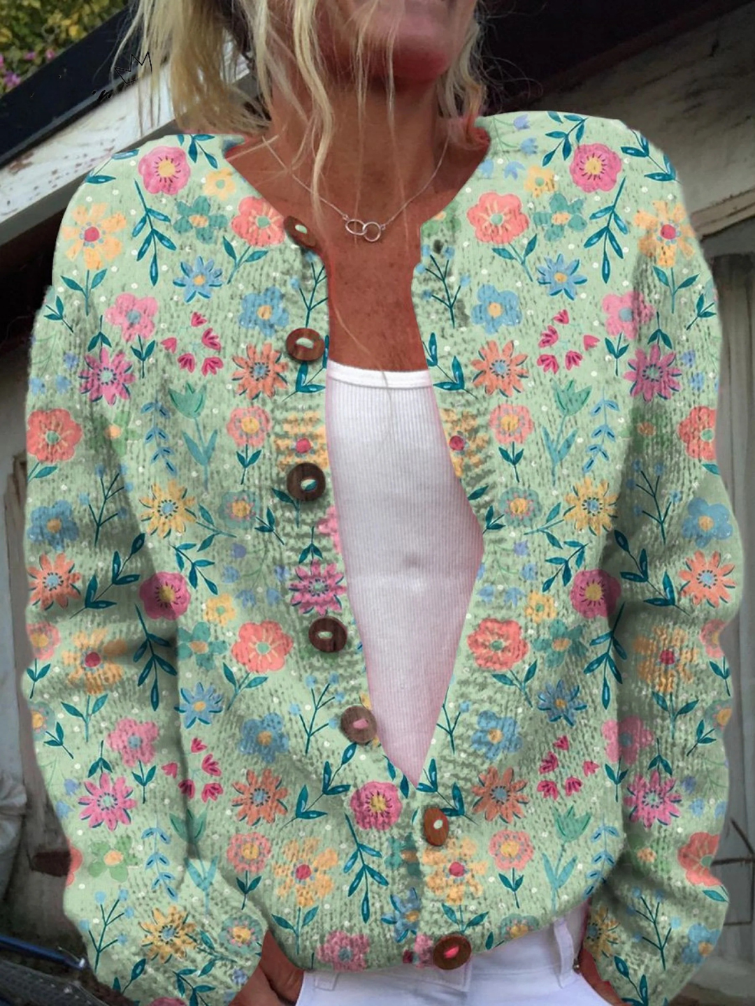 Sommerfeld Blumenmuster Druck | Knopfpullover für Damen