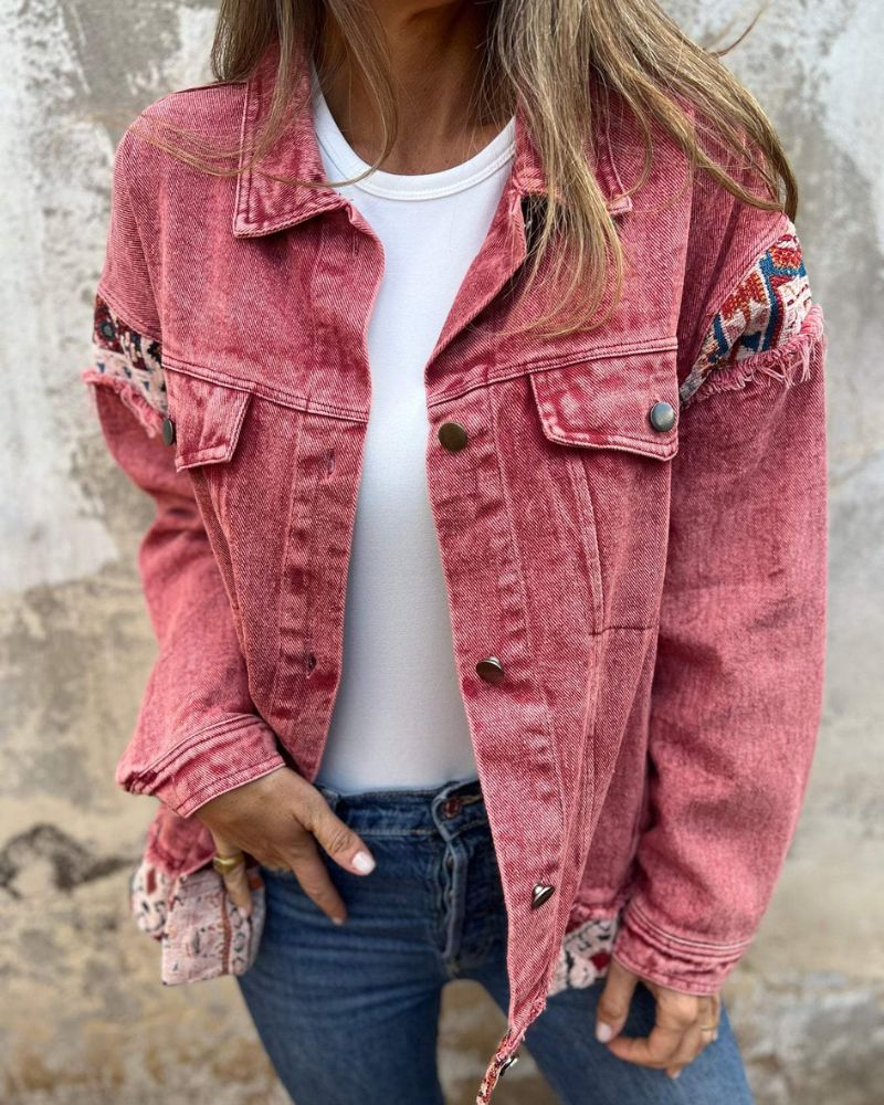 Eva | Denim Patchwork Freizeitjacke für Damen mit Streifen und langen Ärmeln