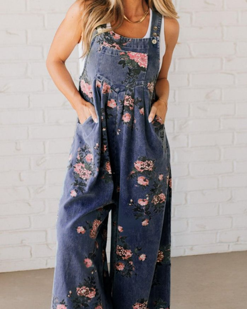 Mirona | Lässiger Denim-Overall für Damen mit Blumenmuster und Rundhalsausschnitt