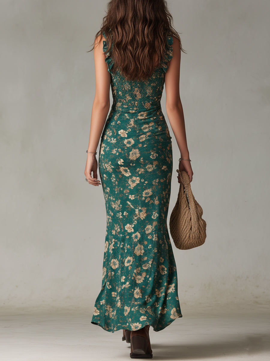 Maya | Boho Retro Rüschensleeves Maxikleid für Damen mit hohem Schlitz