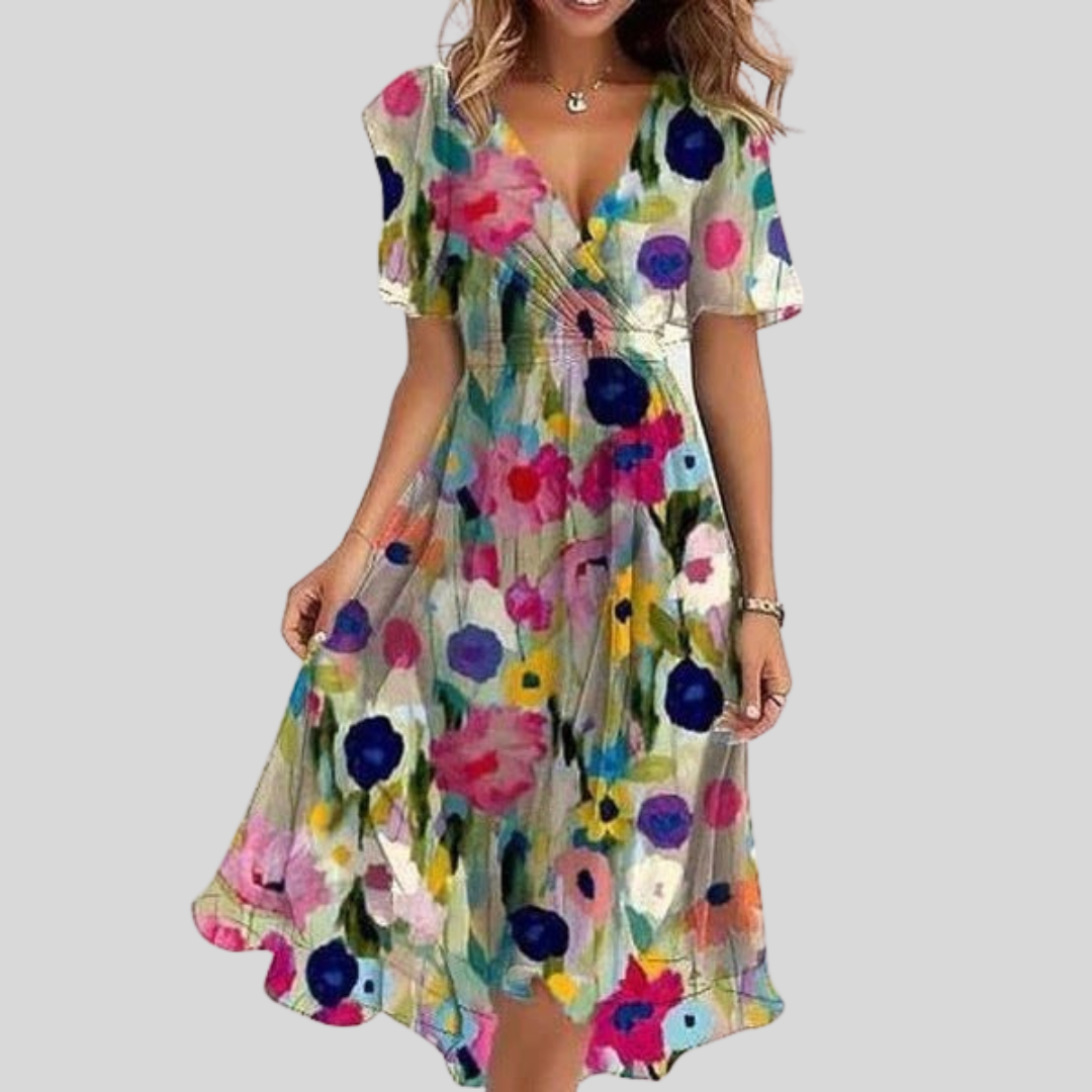 Naomie | Elegantes Sommerkleid für Damen mit Blumenmuster und V-Ausschnitt