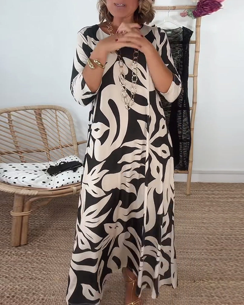 Ysabel | Abstraktes Muse Maxikleid für Damen mit Rundhalsausschnitt und 3/4-Ärmeln