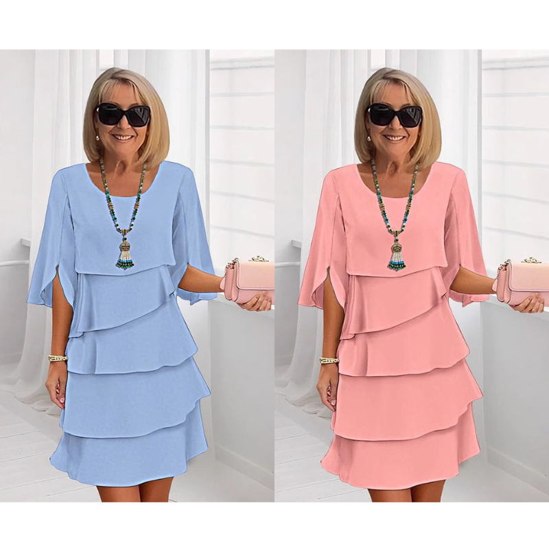 Chic Schichtkleid für Damen mit Puffärmeln und Rundhalsausschnitt
