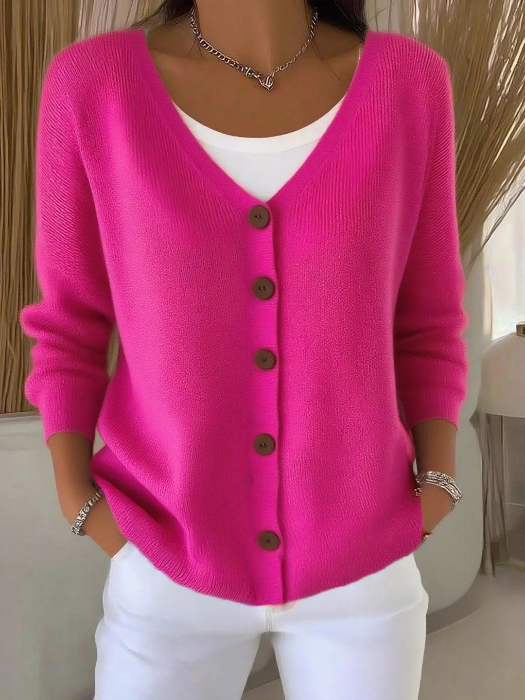 Olivia | Langarm V-Ausschnitt Knopf Pullover für Damen